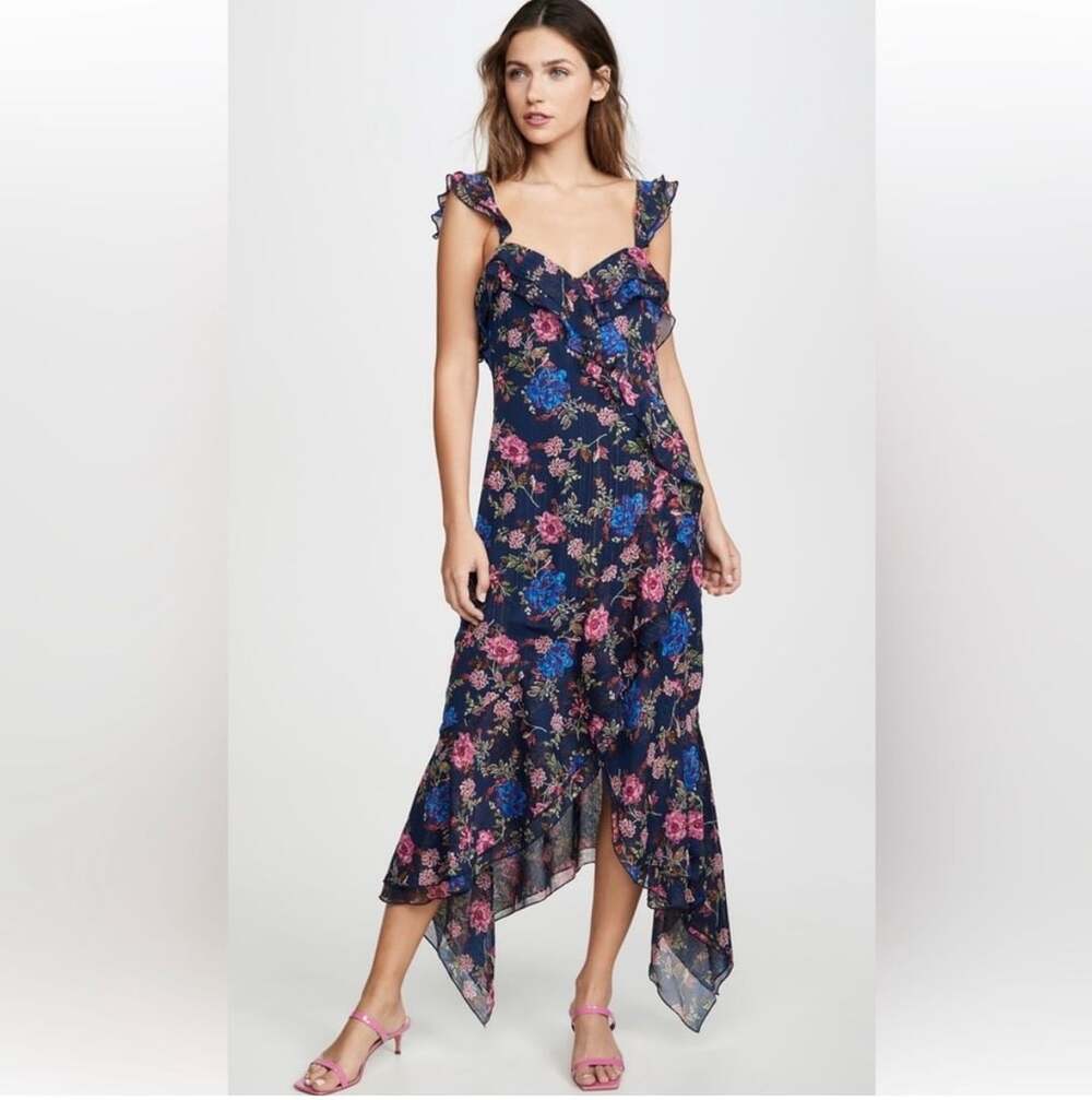 WAYF Navy Blue Floral Ruffle Asymmetrical Midi Dress Size S